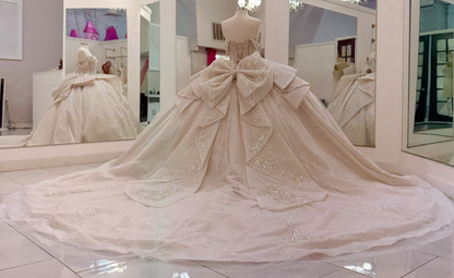 Glittery Tulle Crystal Beaded Off Shoulder Champagne Sweet 15 Quinceanera Dresses HE1569
