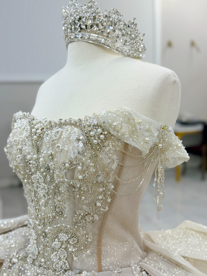 Glittery Tulle Crystal Beaded Off Shoulder Champagne Sweet 15 Quinceanera Dresses HE1569