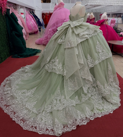 Off Shoulder Tulle Ruffled Lace Beaded Sweet 16 Green Quinceanera Dresses HE1564