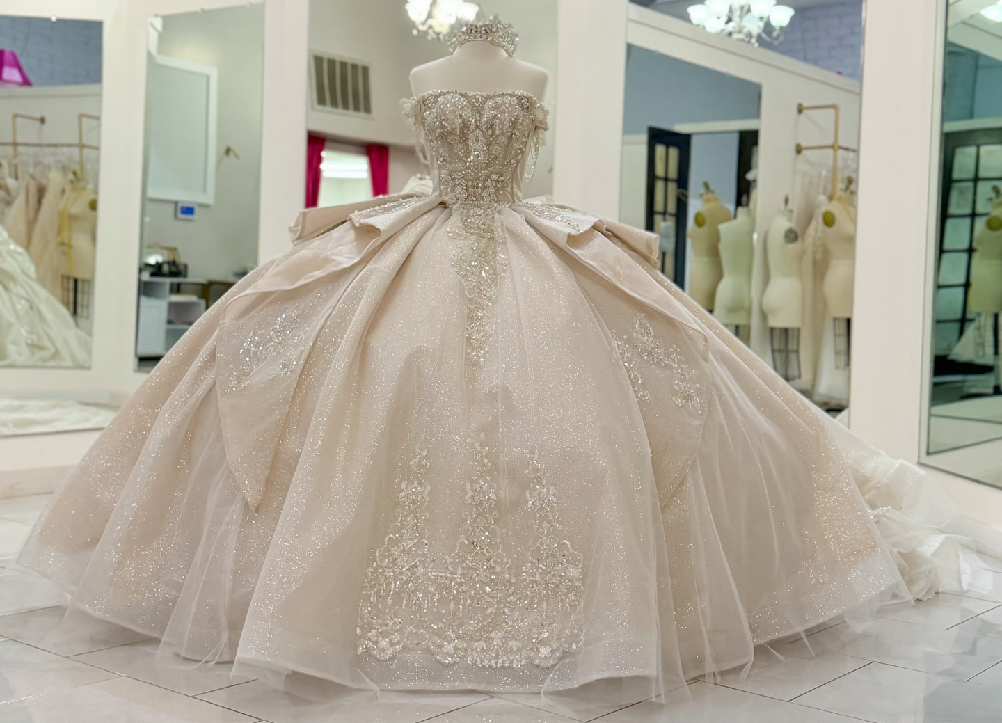 Glittery Tulle Crystal Beaded Off Shoulder Champagne Sweet 15 Quinceanera Dresses HE1569