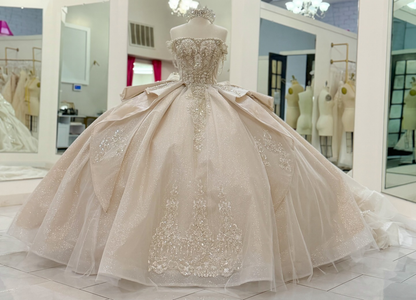 Glittery Tulle Crystal Beaded Off Shoulder Champagne Sweet 15 Quinceanera Dresses HE1569