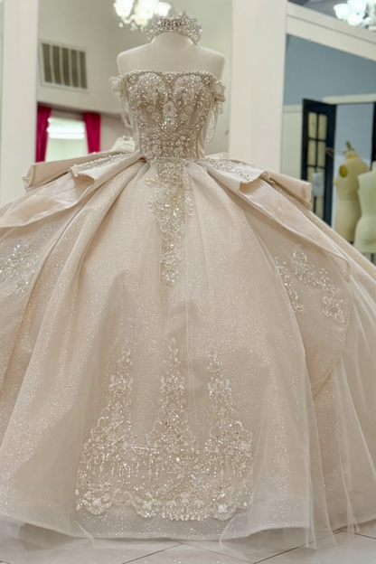 Glittery Tulle Crystal Beaded Off Shoulder Champagne Sweet 15 Quinceanera Dresses HE1569
