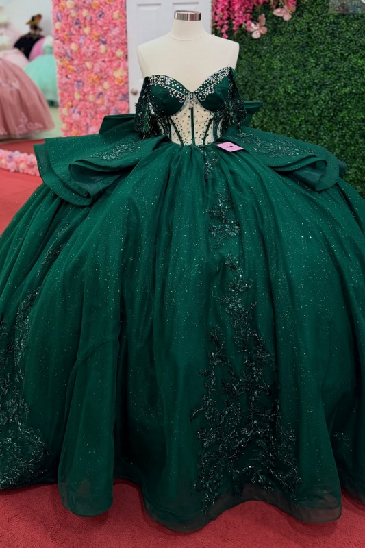 Ball Gown Glittery Tulle Lace Appliqued Green Quinceanera Dress for Sweet 16 HE1557