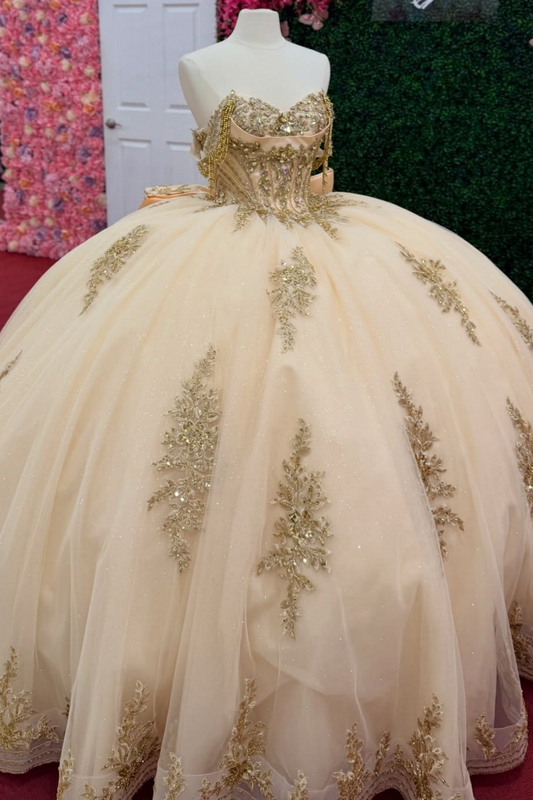 Princess Champagne Tulle Appliqued Beaded Sweet 15 Quinceanera Dresses HE1563