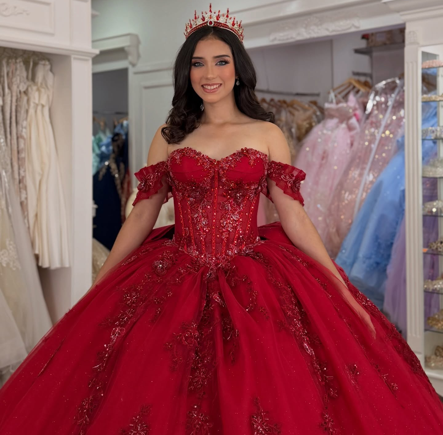 Princess Ball Gown Red Quinceanera Dresses Off Shoulder Birthday Gowns for Sweet 16 HE1603