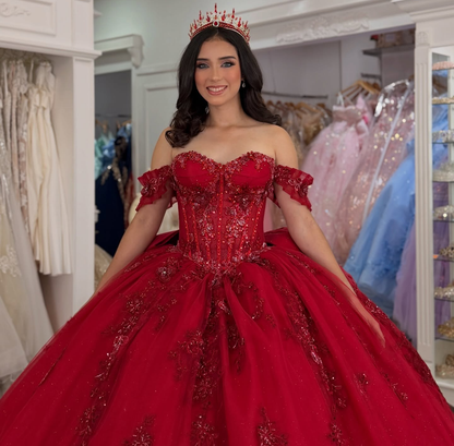 Princess Ball Gown Red Quinceanera Dresses Off Shoulder Birthday Gowns for Sweet 16 HE1603