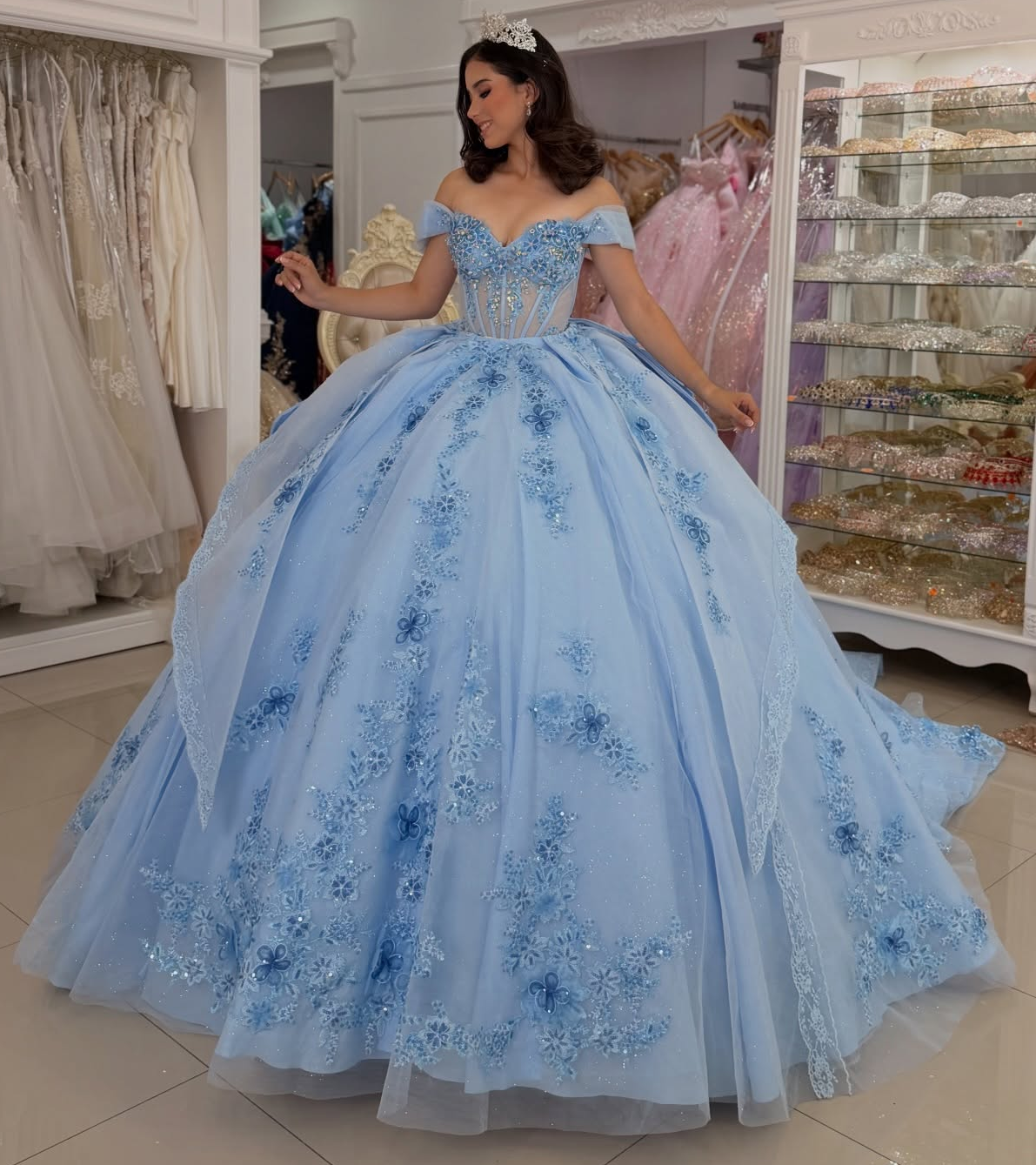 Princess Off Shoulder Tulle 3D Flower Appliqued Blue Quinceanera Dresses for Sweet 16 HE1600