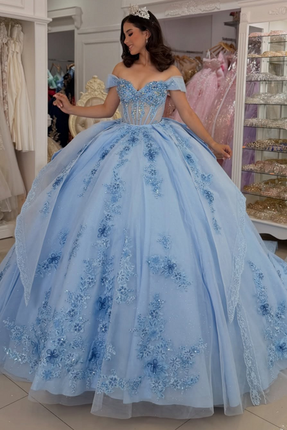 Princess Off Shoulder Tulle 3D Flower Appliqued Blue Quinceanera Dresses for Sweet 16 HE1600