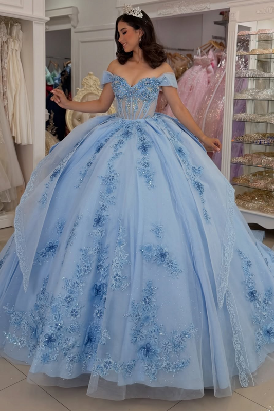 Princess Off Shoulder Tulle 3D Flower Appliqued Blue Quinceanera Dresses for Sweet 16 HE1600