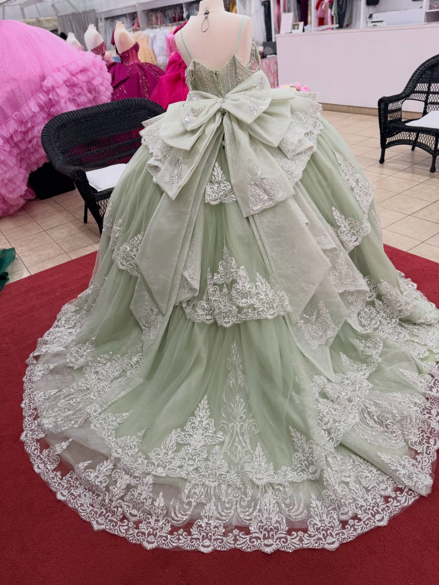 Off Shoulder Tulle Ruffled Lace Beaded Sweet 16 Green Quinceanera Dresses HE1564