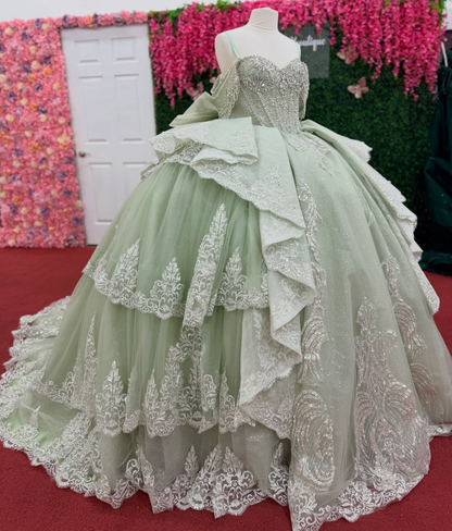 Off Shoulder Tulle Ruffled Lace Beaded Sweet 16 Green Quinceanera Dresses HE1564
