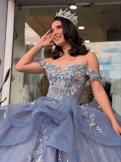 Off Shoulder Lace Appliqued Tulle Ruffled Dusty Blue Quinceanera Dress for Sweet 15 HE1605