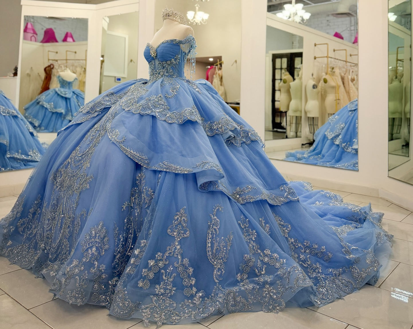 Ball Gown Princess Lace Crystal Beaded Blue Quinceanera Dresses with Ruffled HE1571