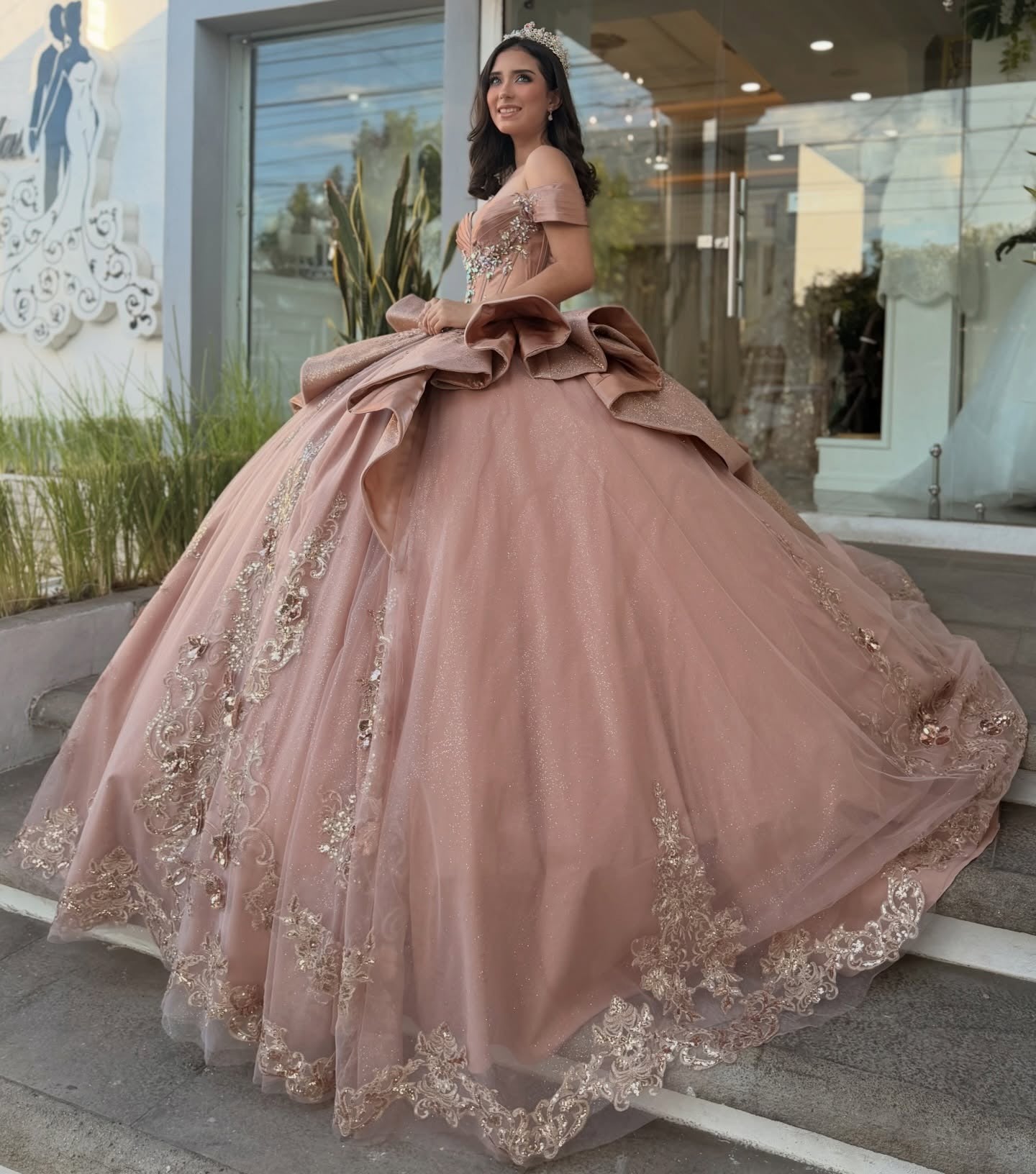 Ball Gown Tulle Appliqued Tiered Blush Sweet 16 Birthday Quinceanera Dresses HE1604
