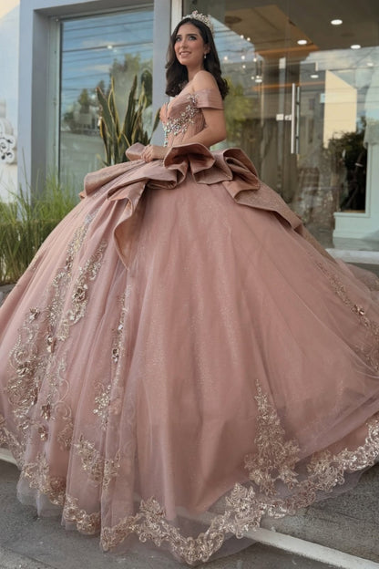 Ball Gown Tulle Appliqued Tiered Blush Sweet 16 Birthday Quinceanera Dresses HE1604