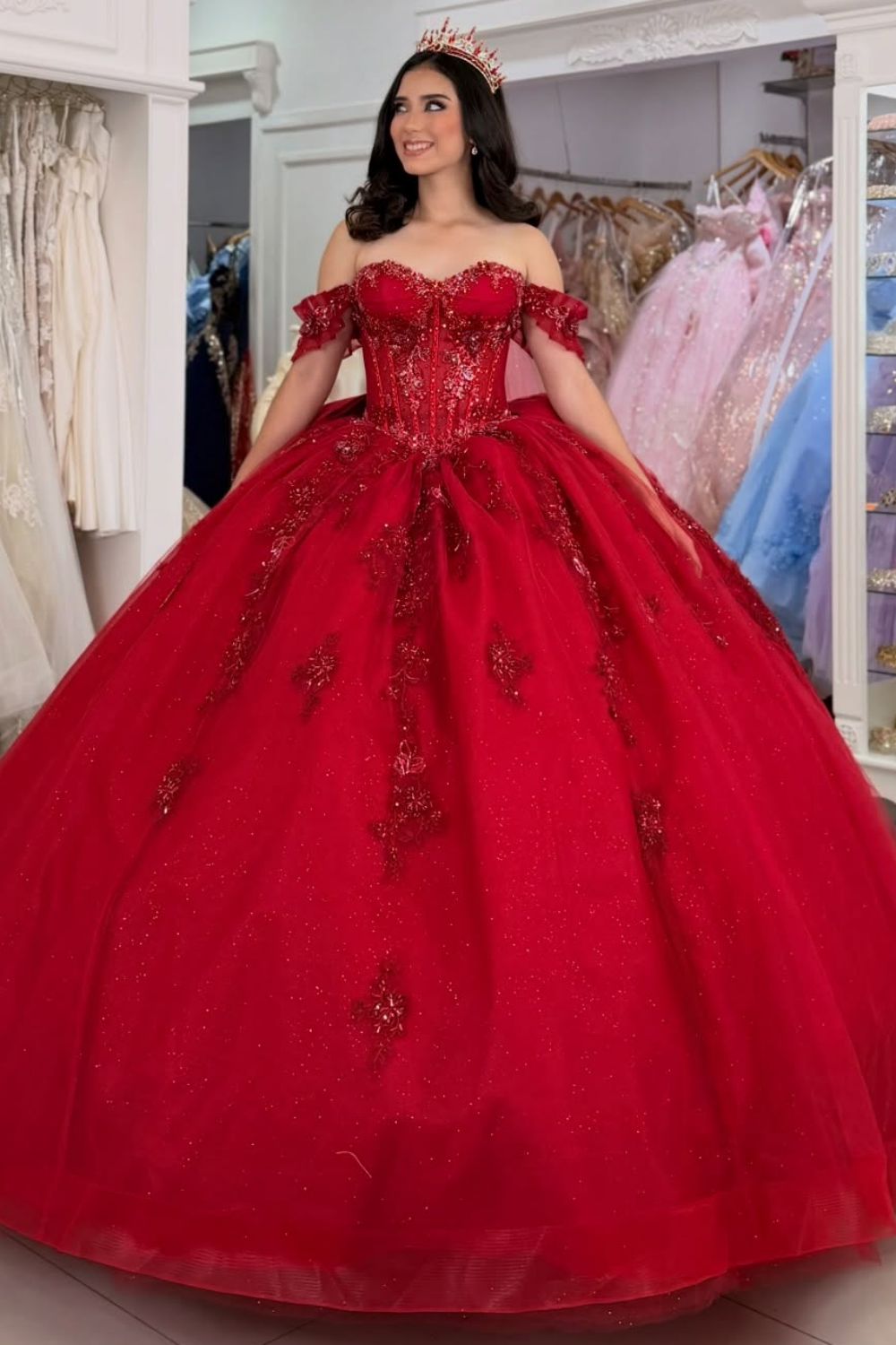 Princess Ball Gown Red Quinceanera Dresses Off Shoulder Birthday Gowns for Sweet 16 HE1603