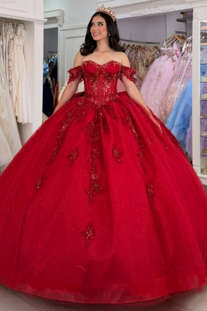 Princess Ball Gown Red Quinceanera Dresses Off Shoulder Birthday Gowns for Sweet 16 HE1603