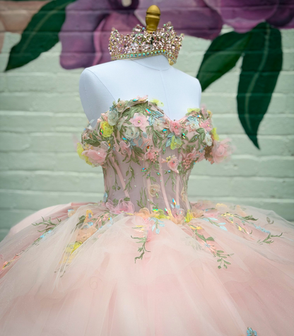 Ball Gown Off Shoulder Pink 3D Flowers Tulle Lace Sweet 16 Quinceanera Dresses HE1570