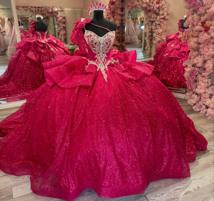 Glittery Tulle Crystal Beaded Fuchisa Quinceanera Dresses Sweet 16 Birthday Gowns HE1574