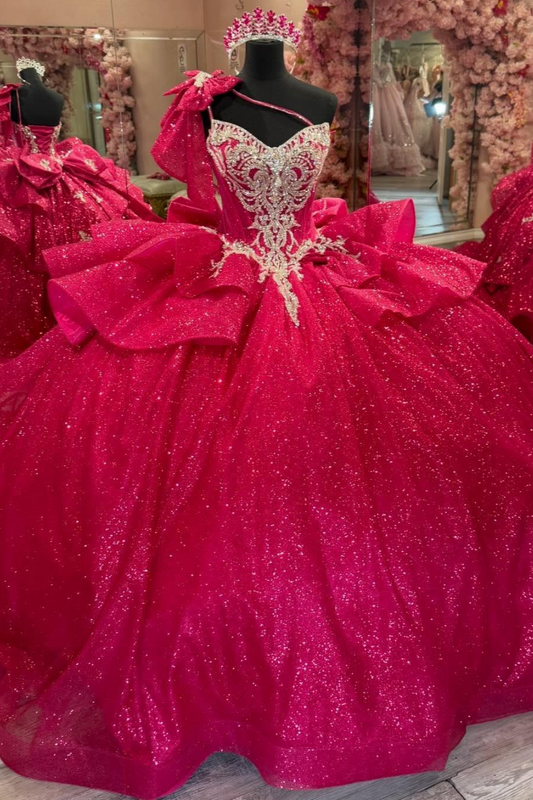 Glittery Tulle Crystal Beaded Fuchisa Quinceanera Dresses Sweet 16 Birthday Gowns HE1574