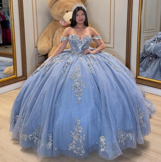 Off Shoulder Ball Gown Glittery Tulle Appliques Blue Quinceanera Dress for Sweet 16 HE1576