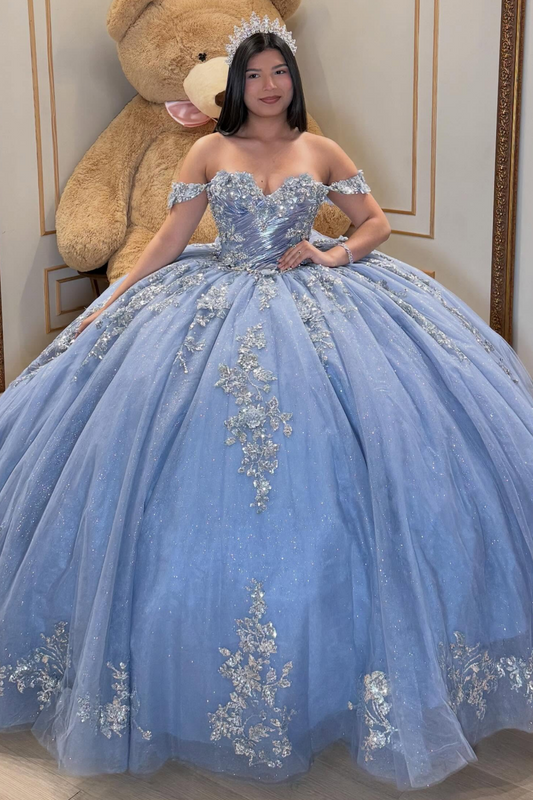 Off Shoulder Ball Gown Glittery Tulle Appliques Blue Quinceanera Dress for Sweet 16 HE1576