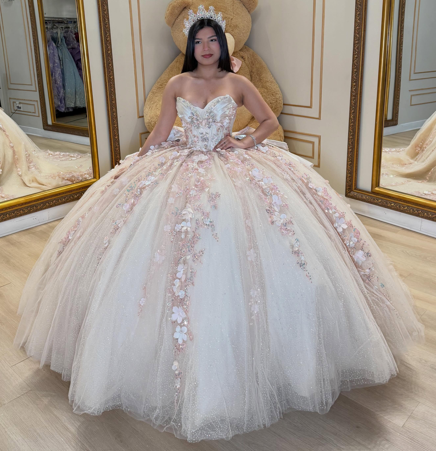 Sweetheart Glittery Tulle 3D Flower Lace Sweet 16 Quinceanera Dresses HE1575