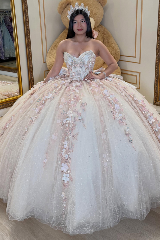 Sweetheart Glittery Tulle 3D Flower Lace Sweet 16 Quinceanera Dresses HE1575
