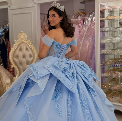 Princess Off Shoulder Tulle 3D Flower Appliqued Blue Quinceanera Dresses for Sweet 16 HE1600