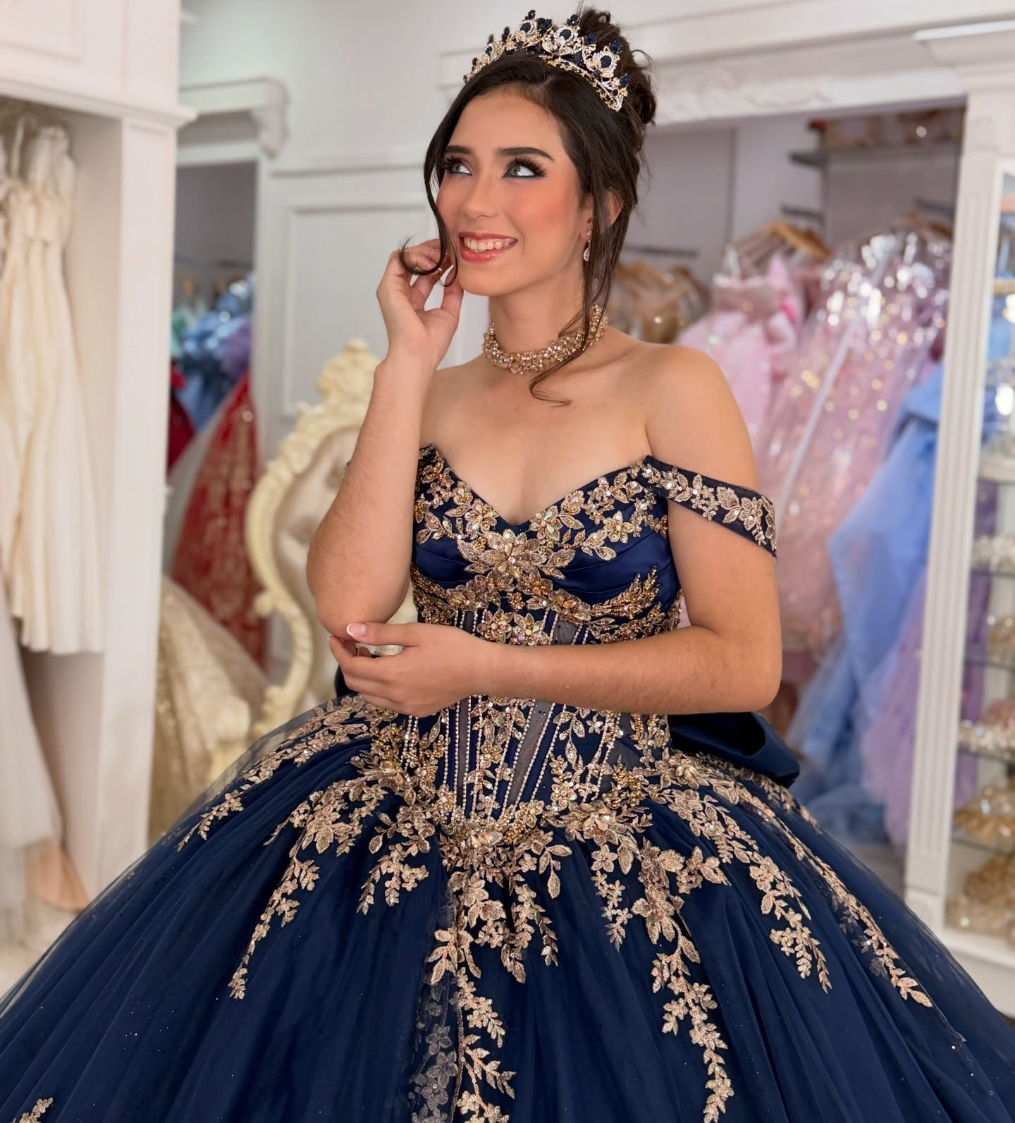 Tulle Lace Appliqued Off Shoulder Princess Quinceanera Dresses for Sweet 16 HE1601