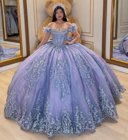 Lilac Ball Gown Tulle Lace Appliqued Sweet 16 Quinceanera Dress for Birthday HE1593