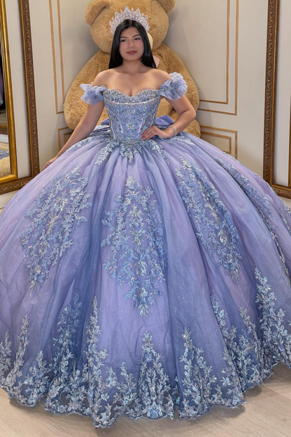 Lilac Ball Gown Tulle Lace Appliqued Sweet 16 Quinceanera Dress for Birthday HE1593