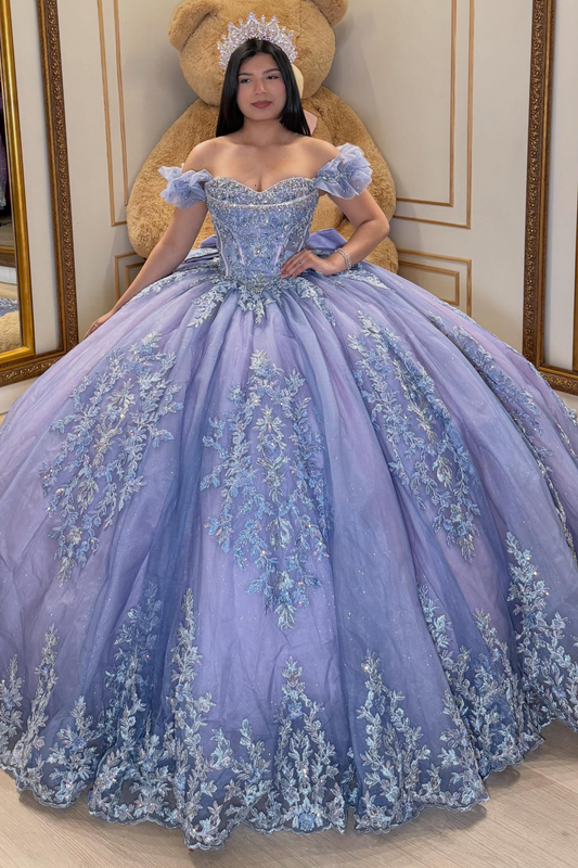 Lilac Ball Gown Tulle Lace Appliqued Sweet 16 Quinceanera Dress for Birthday HE1593