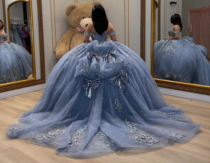 Off Shoulder Ball Gown Glittery Tulle Appliques Blue Quinceanera Dress for Sweet 16 HE1576