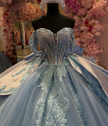 Glittery Tulle Lace Appliqued Off Shoulder Blue Quinceanera Dresses for Sweet 16 HE1573