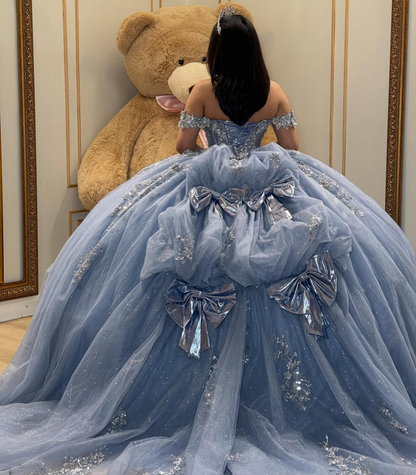 Off Shoulder Ball Gown Glittery Tulle Appliques Blue Quinceanera Dress for Sweet 16 HE1576