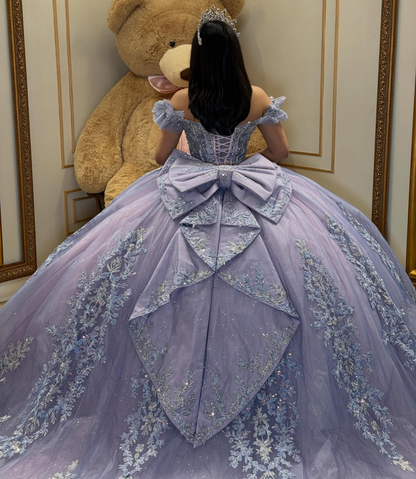 Lilac Ball Gown Tulle Lace Appliqued Sweet 16 Quinceanera Dress for Birthday HE1593