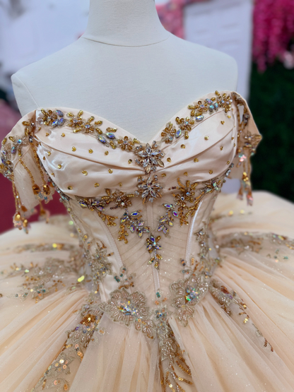 Off Shoulder Tulle Lace Appliqued Sweet 15 Champagne Quinceanera Dresses HE1572