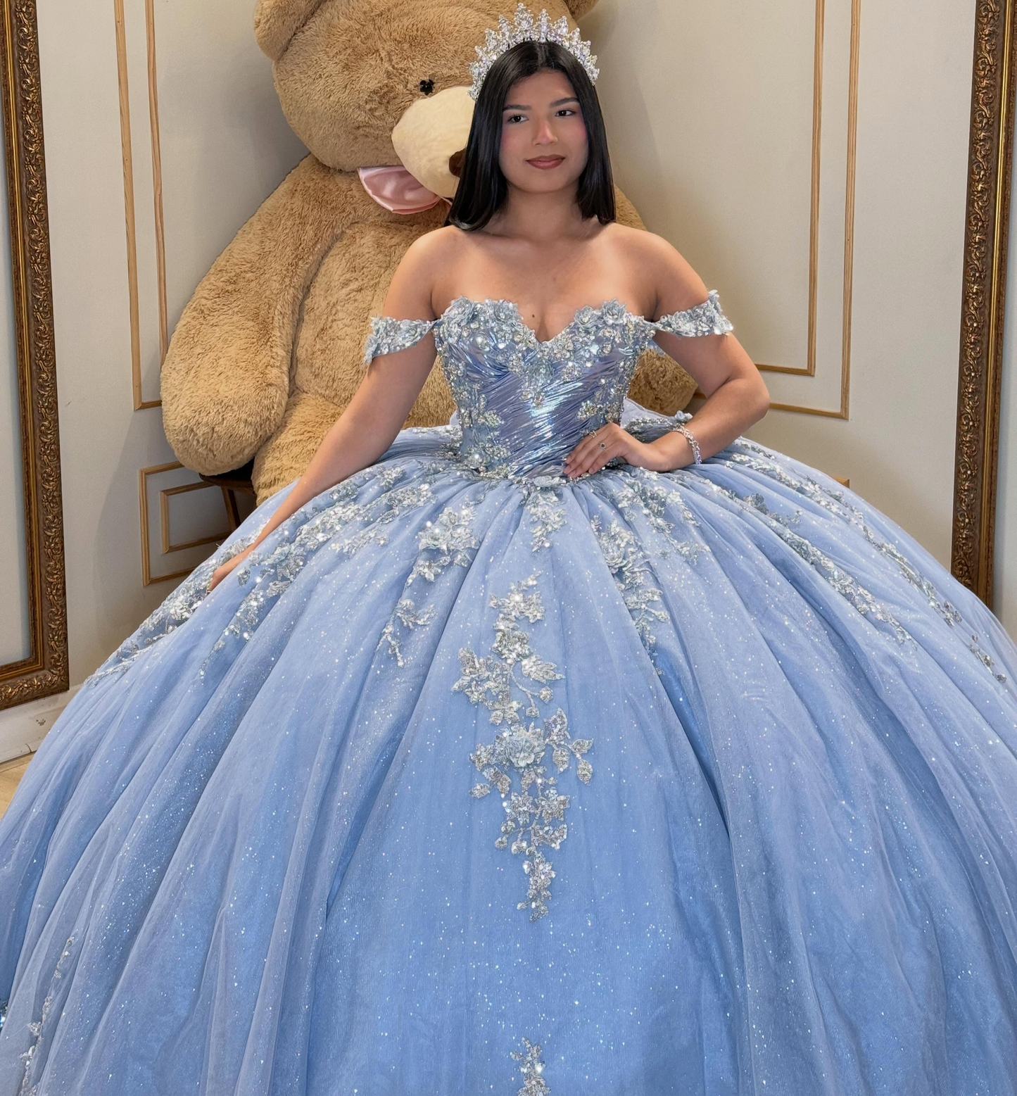 Off Shoulder Ball Gown Glittery Tulle Appliques Blue Quinceanera Dress for Sweet 16 HE1576