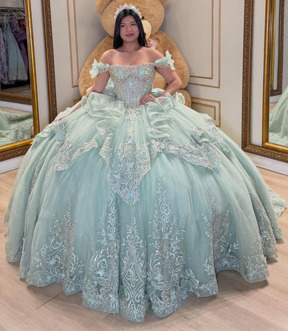 Off Shoulder Lace Appliqued Tulle Green Quinceanera Dresses for Sweet 16 Party HE1594