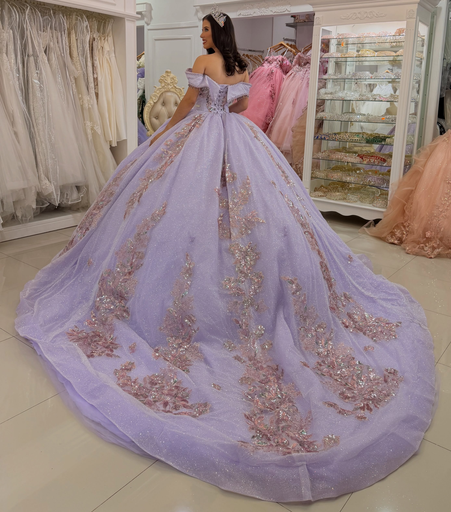 Tulle Lace Appliqued Lilac Quinceanera Dresses Sweet 16 Off Shoulder Party Gowns HE1598