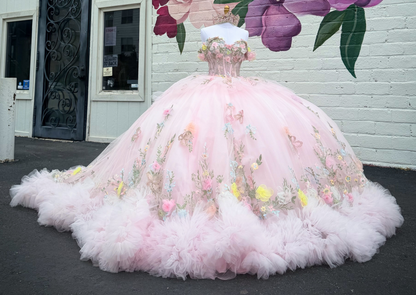 Ball Gown Off Shoulder Pink 3D Flowers Tulle Lace Sweet 16 Quinceanera Dresses HE1570