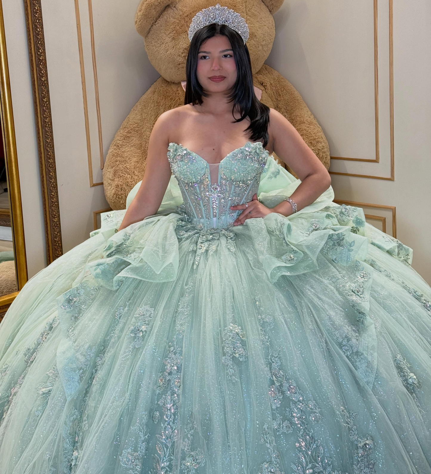 Glittery Tulle Sweetheart Lace Appliqued Green Quinceanera Dresses for Sweet 15 Party HE1595