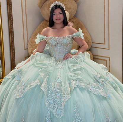 Off Shoulder Lace Appliqued Tulle Green Quinceanera Dresses for Sweet 16 Party HE1594