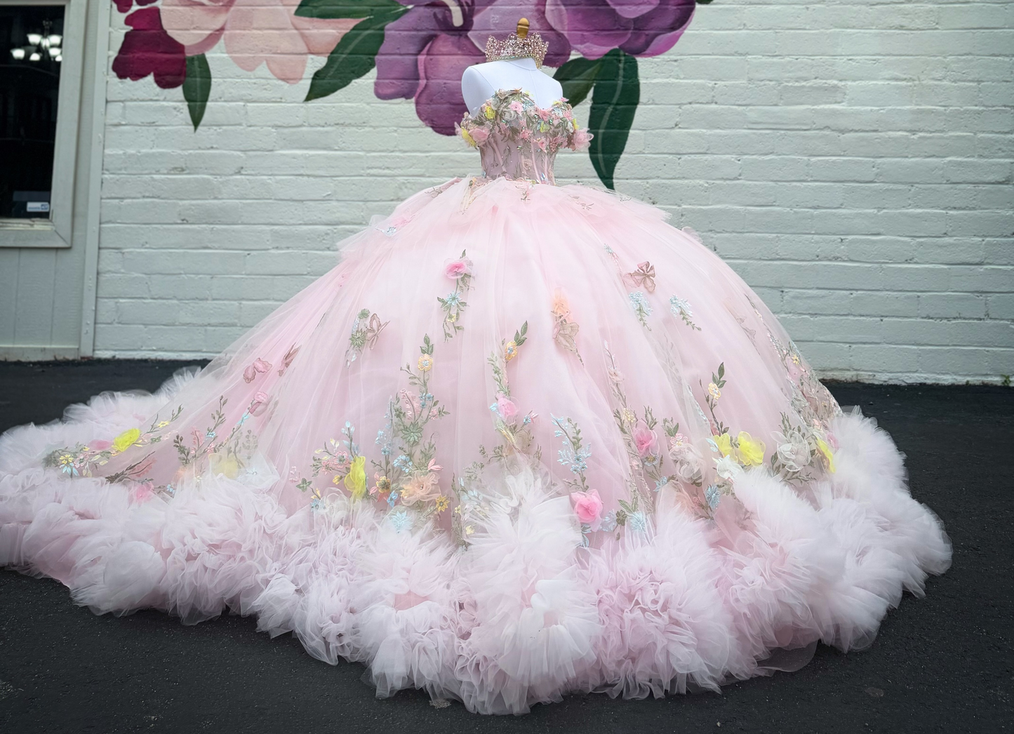 Ball Gown Off Shoulder Pink 3D Flowers Tulle Lace Sweet 16 Quinceanera Dresses HE1570