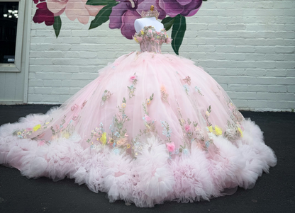 Ball Gown Off Shoulder Pink 3D Flowers Tulle Lace Sweet 16 Quinceanera Dresses HE1570