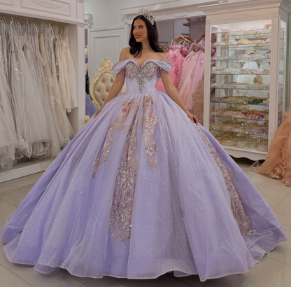 Tulle Lace Appliqued Lilac Quinceanera Dresses Sweet 16 Off Shoulder Party Gowns HE1598