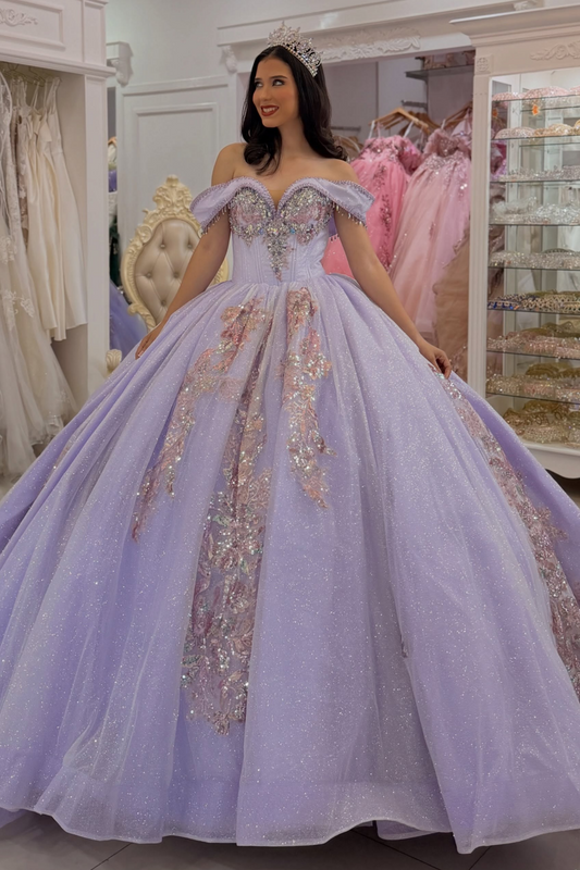 Tulle Lace Appliqued Lilac Quinceanera Dresses Sweet 16 Off Shoulder Party Gowns HE1598