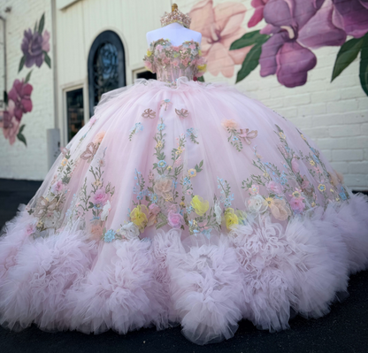 Ball Gown Off Shoulder Pink 3D Flowers Tulle Lace Sweet 16 Quinceanera Dresses HE1570