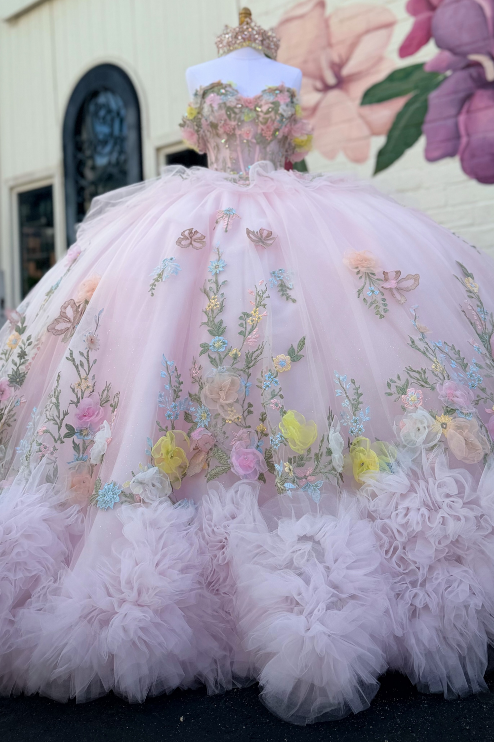 Ball Gown Off Shoulder Pink 3D Flowers Tulle Lace Sweet 16 Quinceanera Dresses HE1570